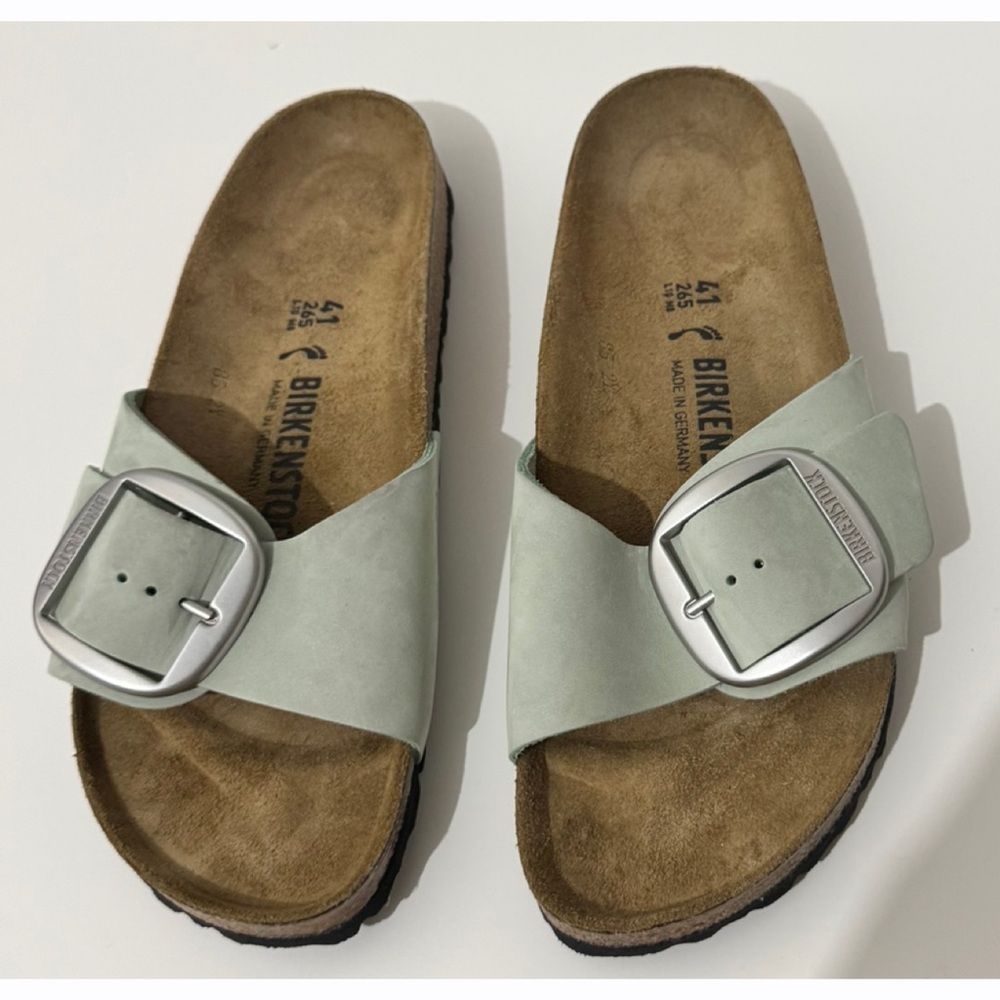 Birkenstock Madrid Big Buckle Nubuck Leather Pure Sage Green Slide Sandals 10 - Picture 5 of 12